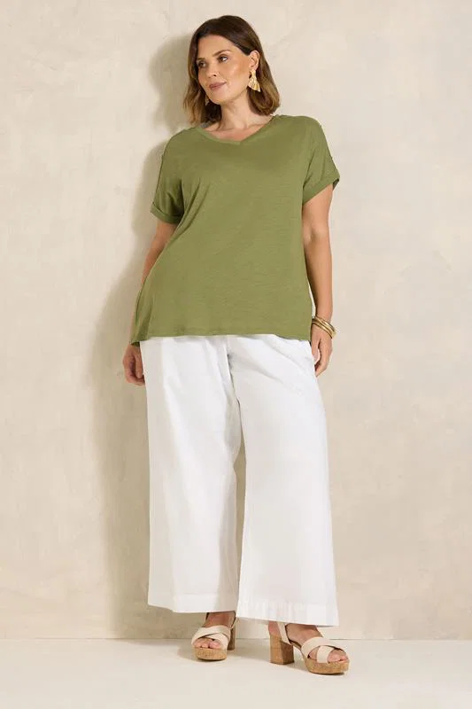 Khaki Green Button Shoulder T-Shirt detail 1