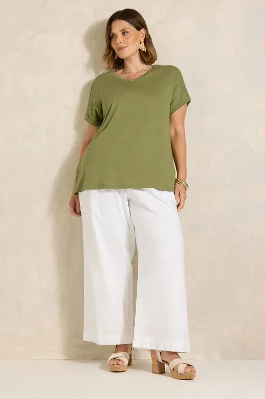 Khaki Green Button Shoulder T-Shirt