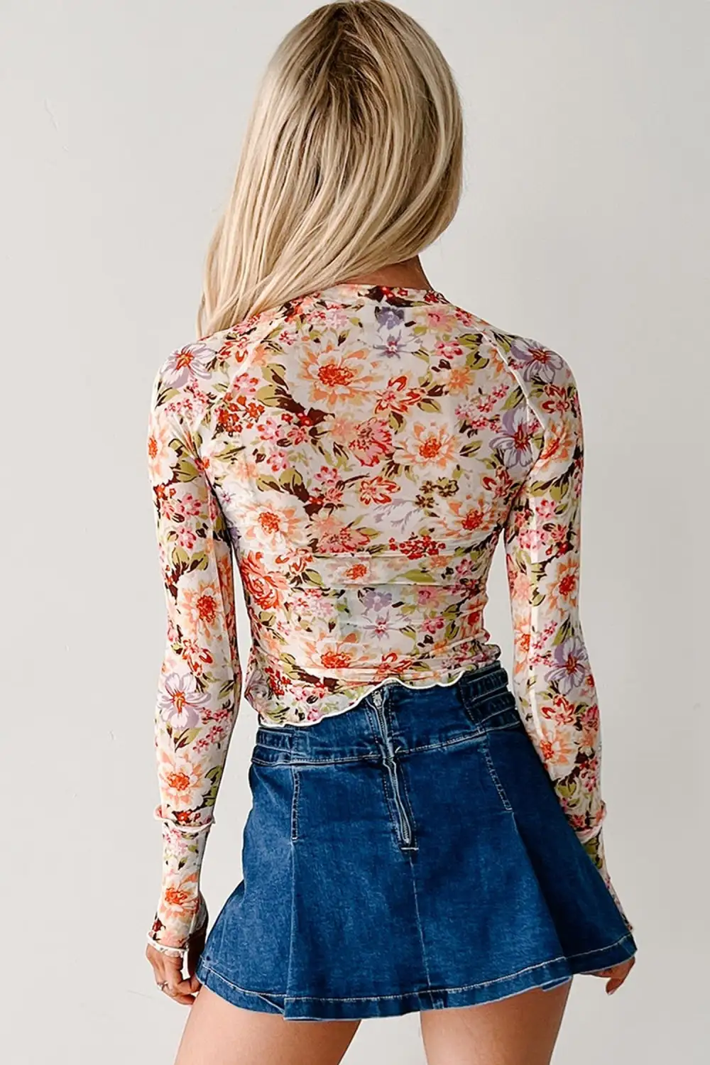 Floral Print Mesh Long Sleeve Top