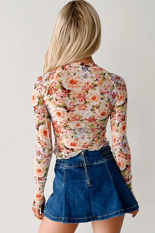 Floral Print Mesh Long Sleeve Top