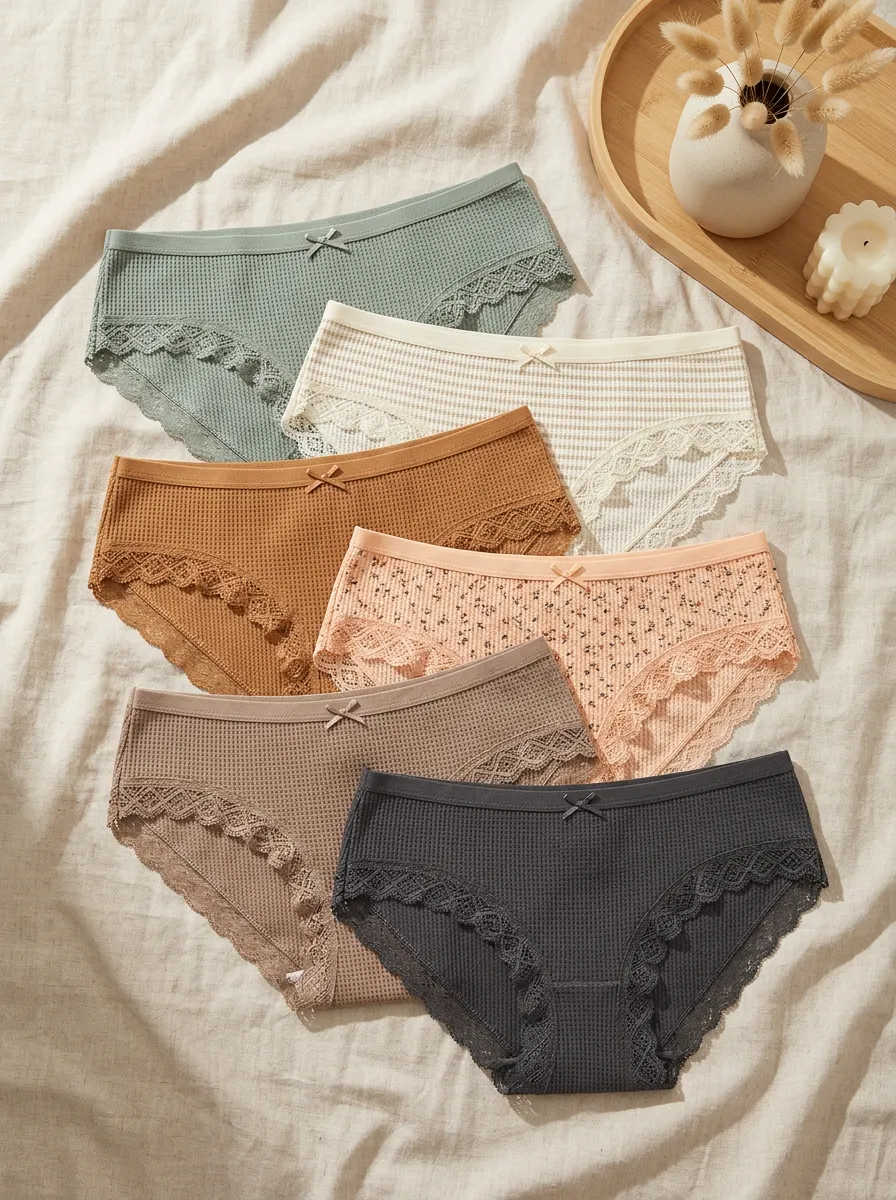 Women's Waffle Knit Lace Trim 6-Pack Panty Set