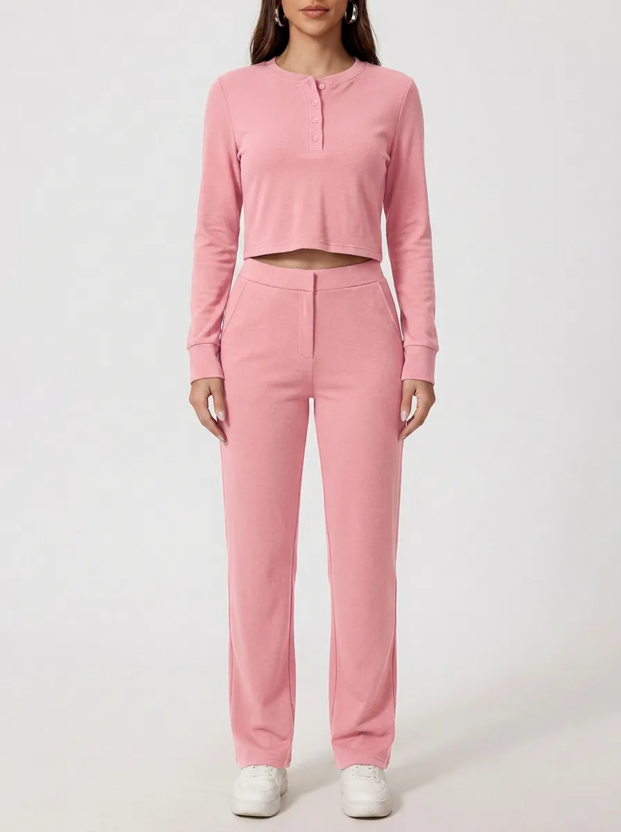 Women's Henley Cropped Top and Mock-Fly Straight-Leg Trouser Set