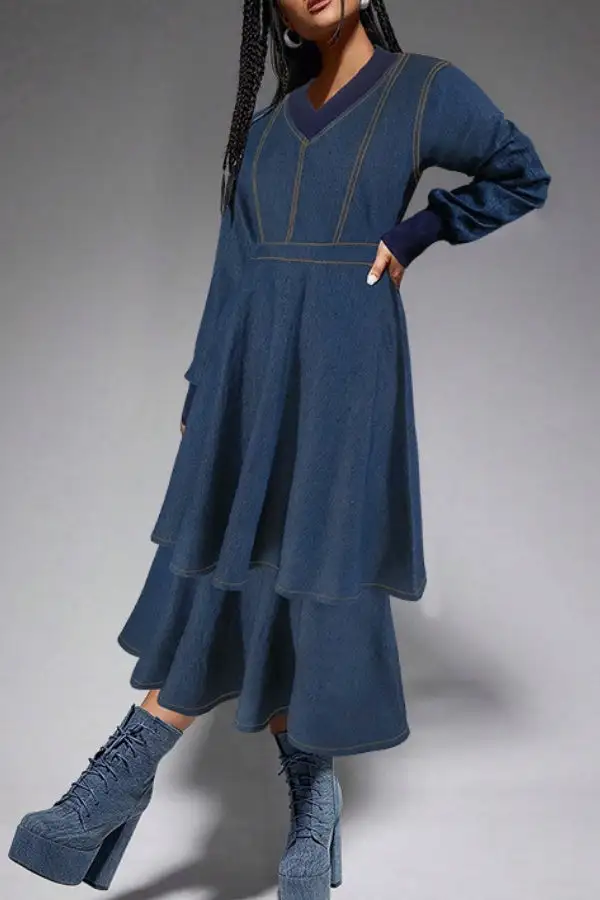 Contrast-Stitch Denim V-Neck Tiered Midi Dress