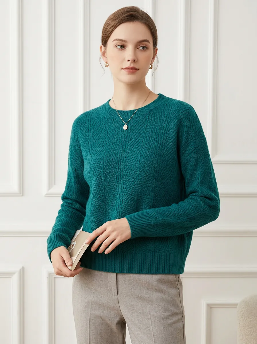 Women's Teal Chevron Textured Knit Crewneck Sweater