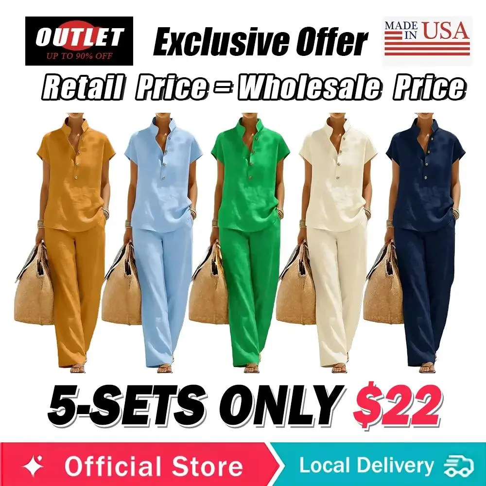 Women's Summer Solid Color Linen Cotton Short Sleeve + Long Pants Set