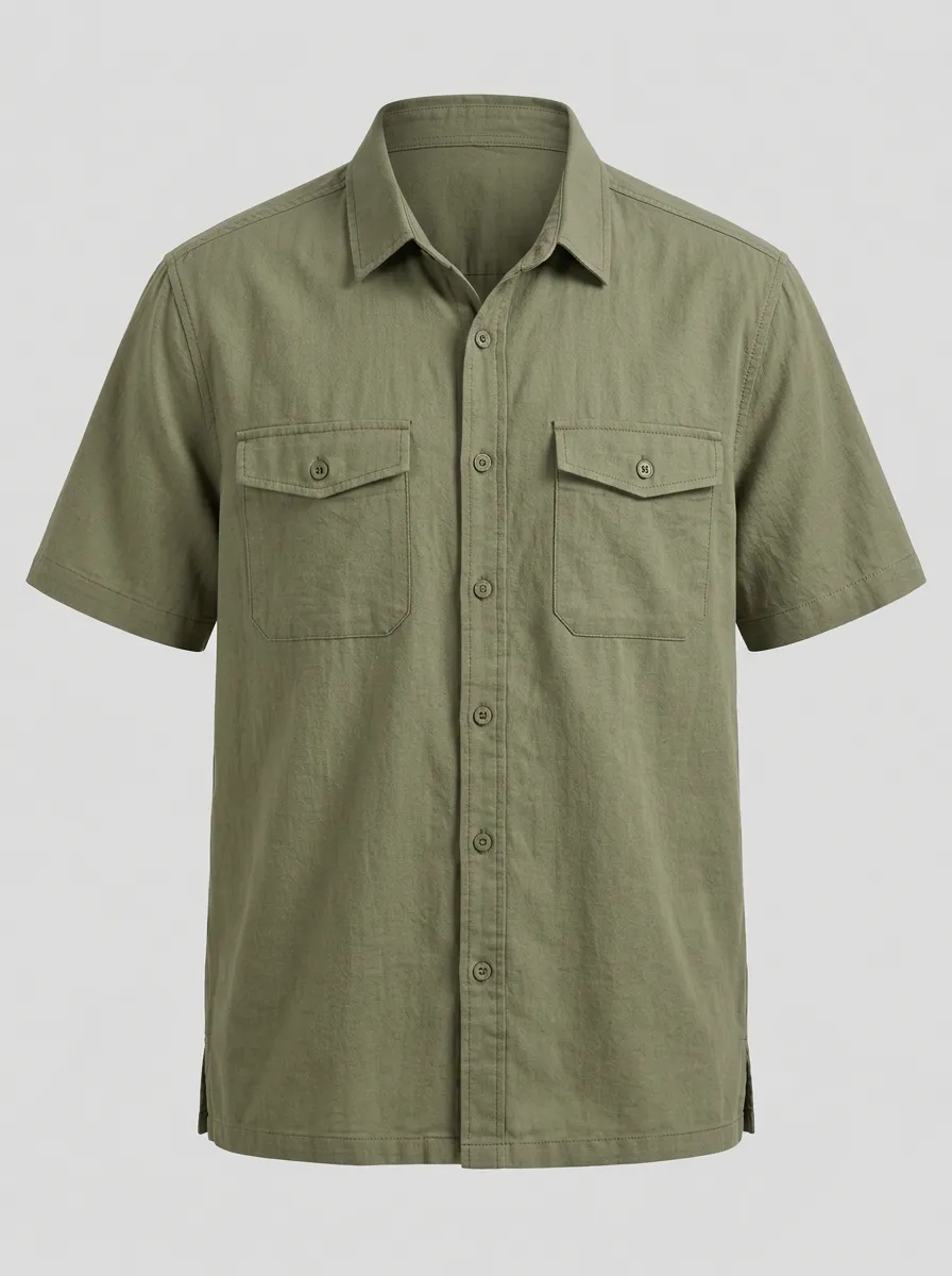 Men's Casual Olive Green Solid Color Button Down Short Sleeve Shirt
