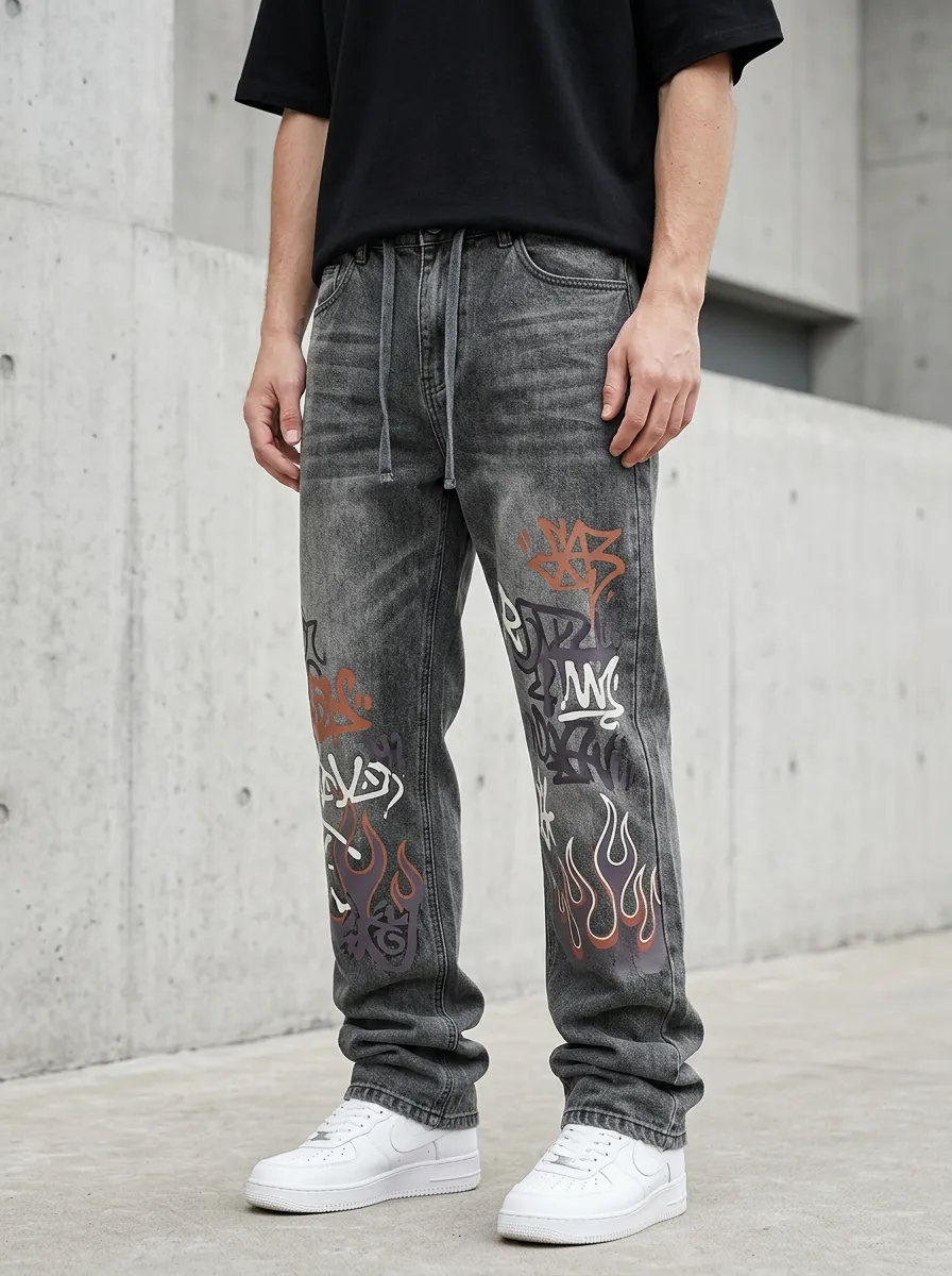 Unisex Streetwear Graffiti Flame Jeans