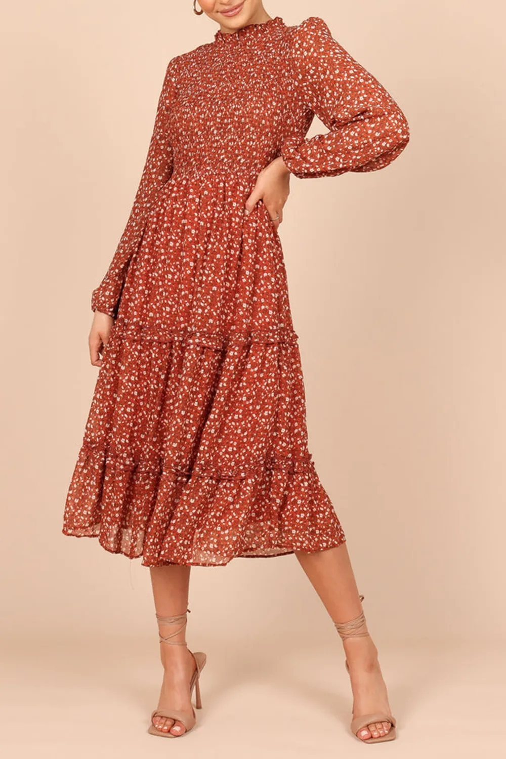 NAVY FLORAL SHIRRED FRILL LONG SLEEVE MIDI DRESS