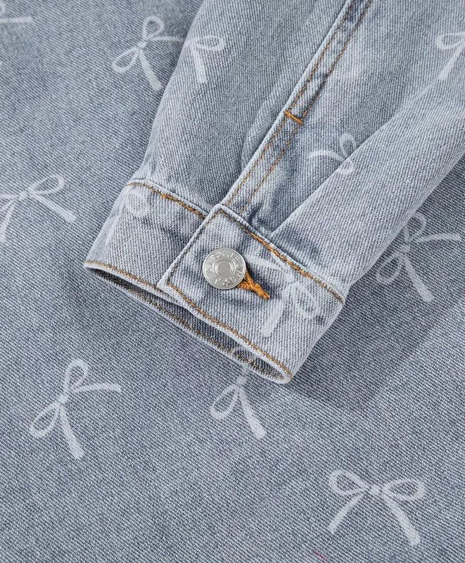Bow Knot Print Light Wash Raw-Hem Denim Jacket