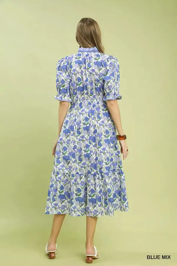 Floral Print Tiered Pocketed Midi Dress