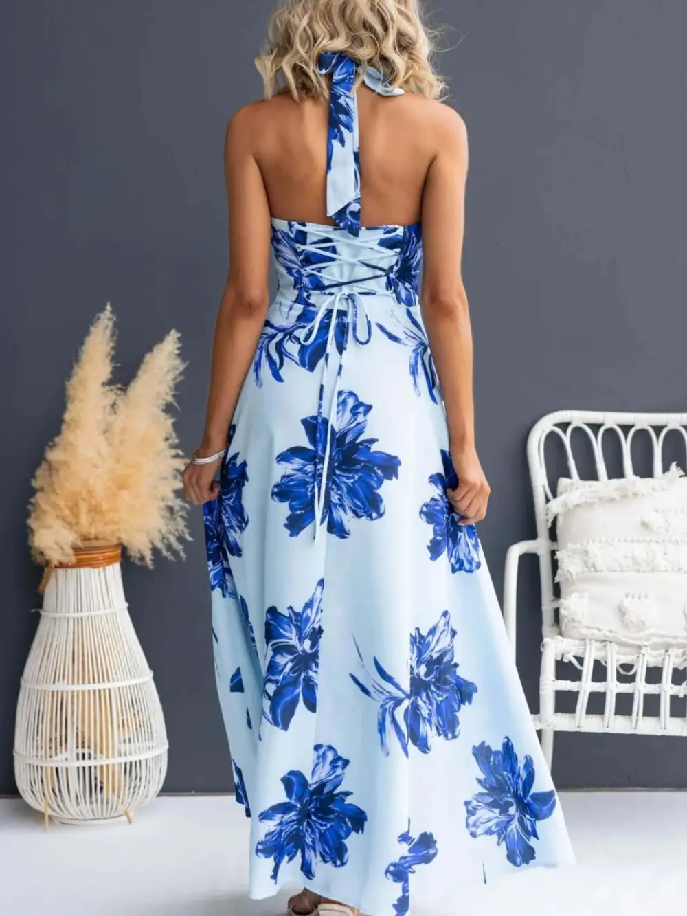 Casual Floral Print Halter Neck Maxi Dress