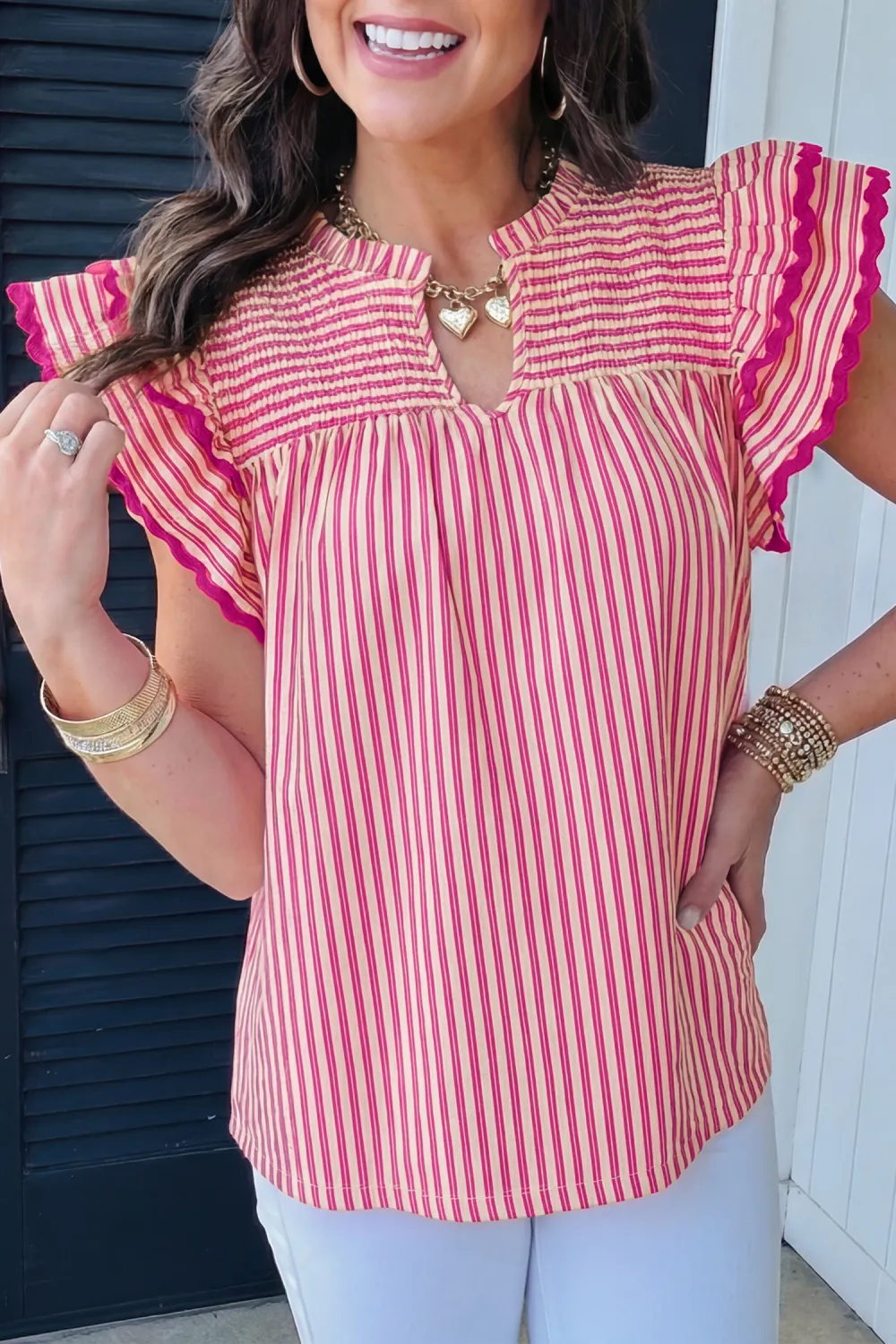Rose Stripe Shirred Yoke Ruffled Blouse