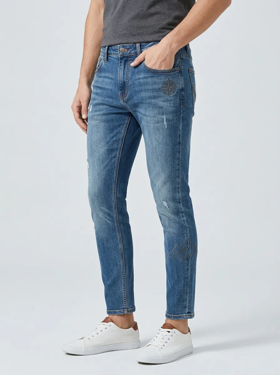 Men's Mid-Blue Outdoor Compass Mountain Slim Fit Jeans
