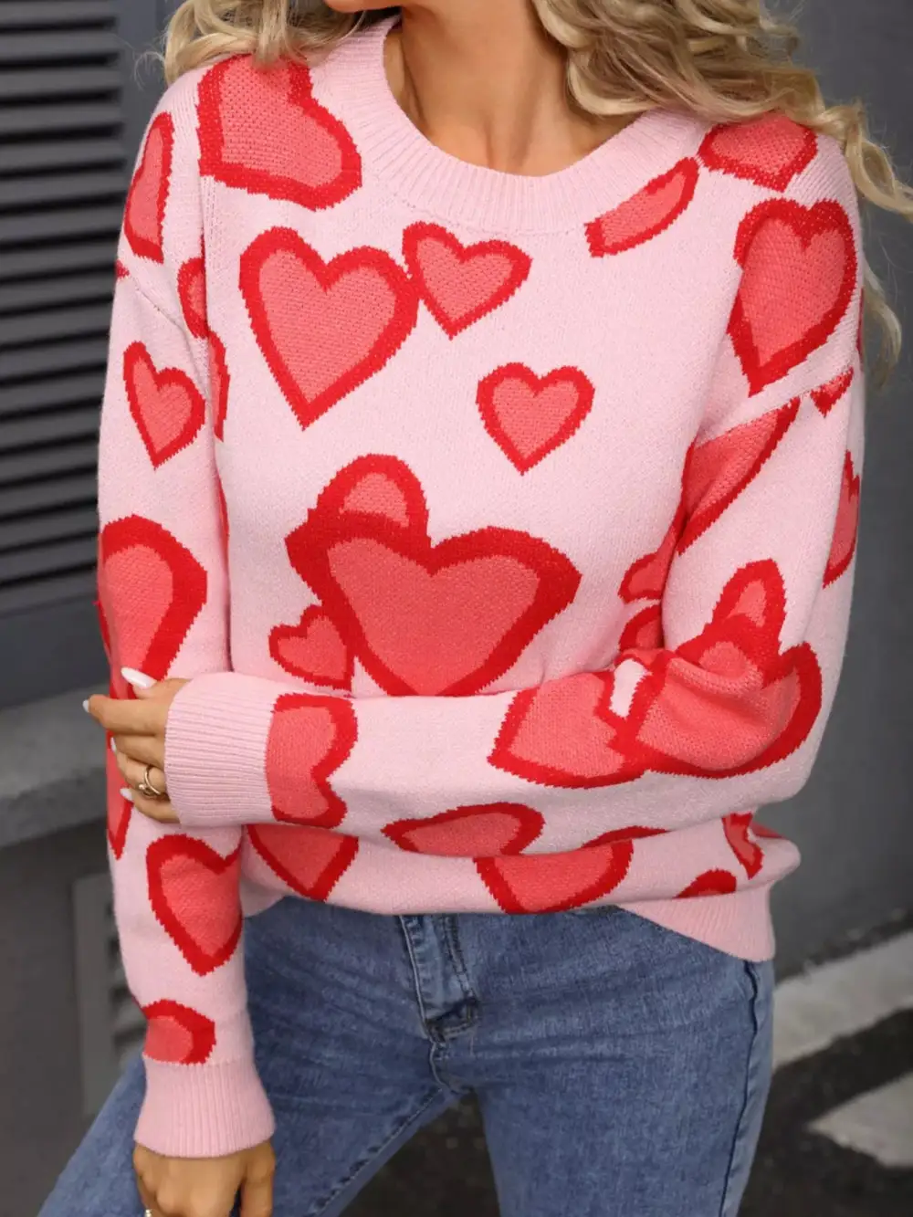 Textured Valentine's Day Heart Crew Neck Sweater