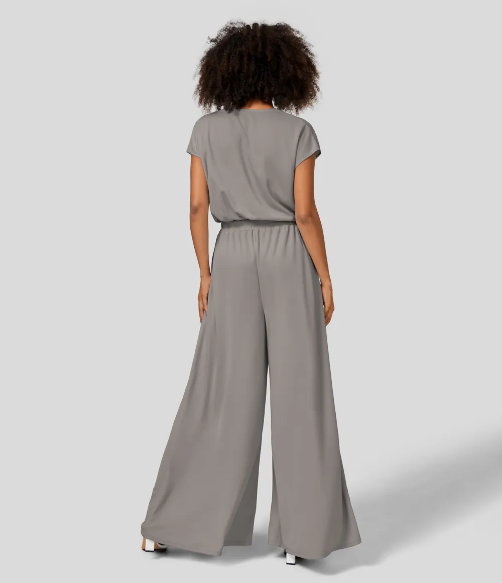 V Neck Short Sleeve Plicated Side Pocket Wide Leg Flowy Waffle Casual Jumpsuit