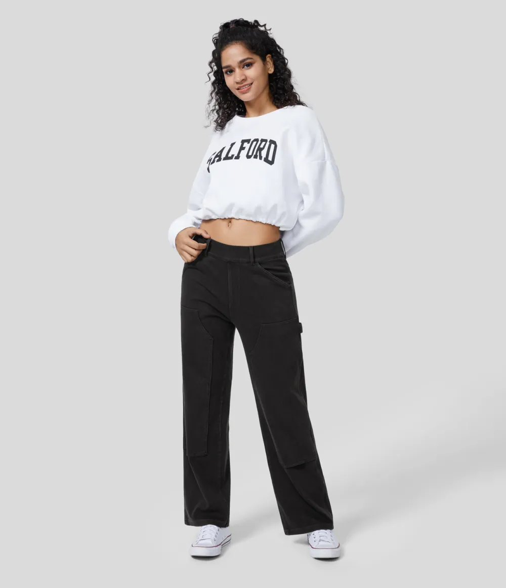 Magic Mid Rise Utility Pockets Straight Leg Stretchy Knit Lumberjack Style Casual Boyfriend Jeans