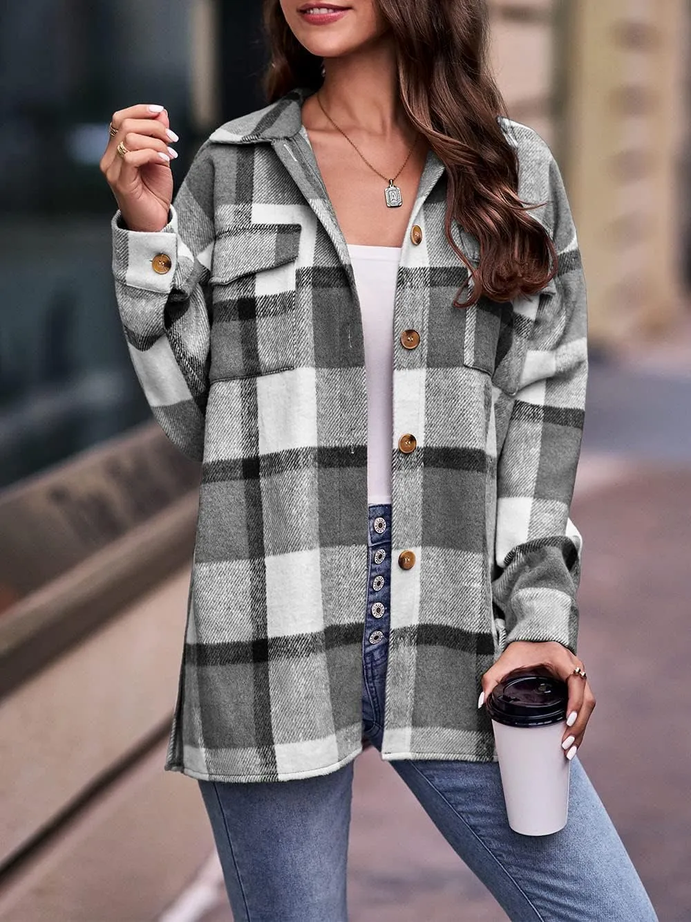 Women's 2023 Fall Clothes Plaid Shacket Jacket Long Sleeve Button Down Flannel Shirts Fashion Blouse
