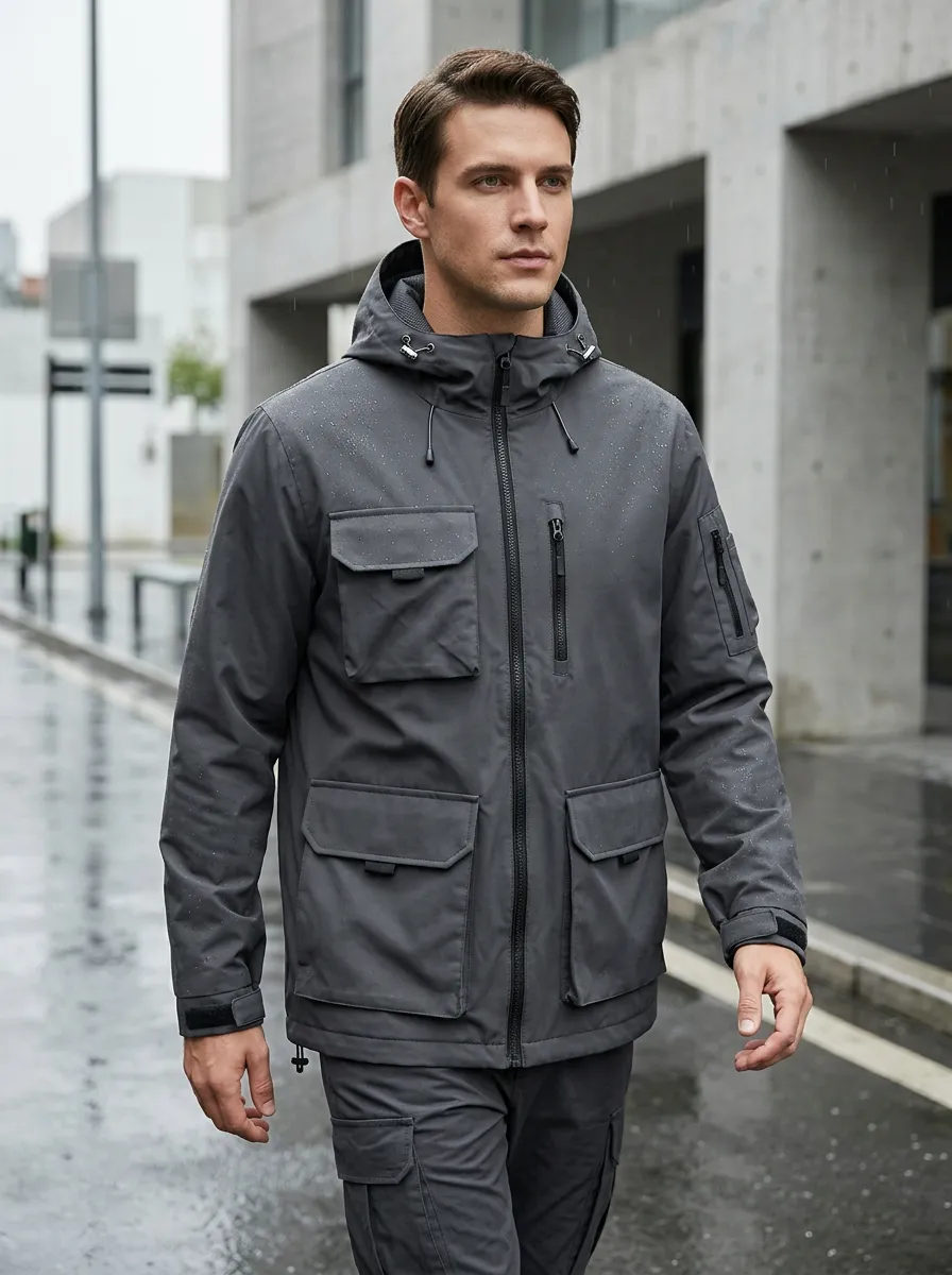 Men's Waterproof Hooded Jacket with Adjustable Cuffs