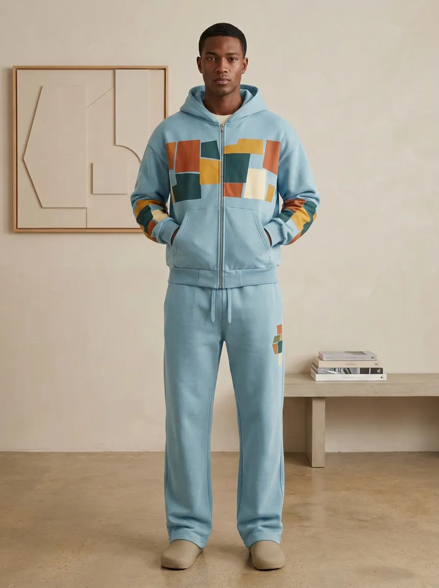 Men's Geometric Colorblock Printed Hooded Tracksuit