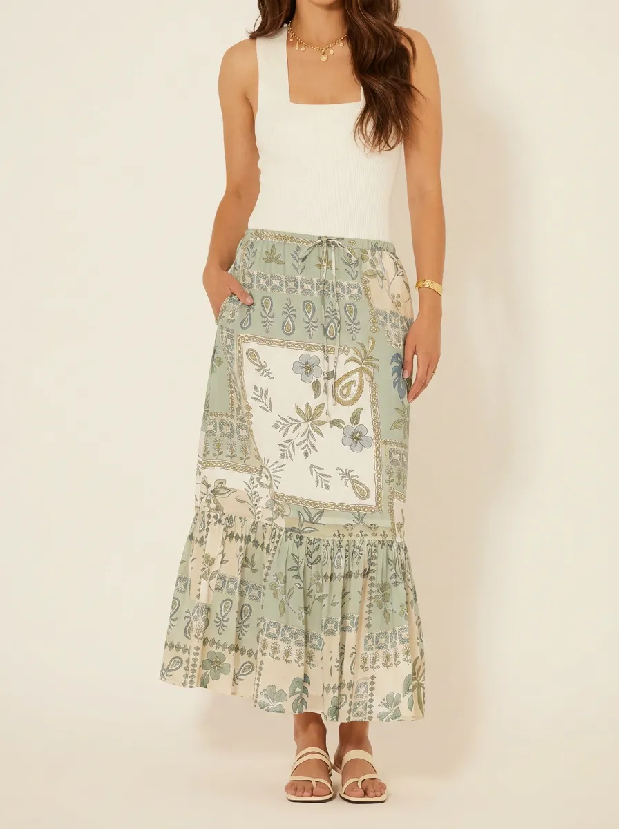 Women's Boho Floral Paisley Patchwork Printed Maxi Skirt