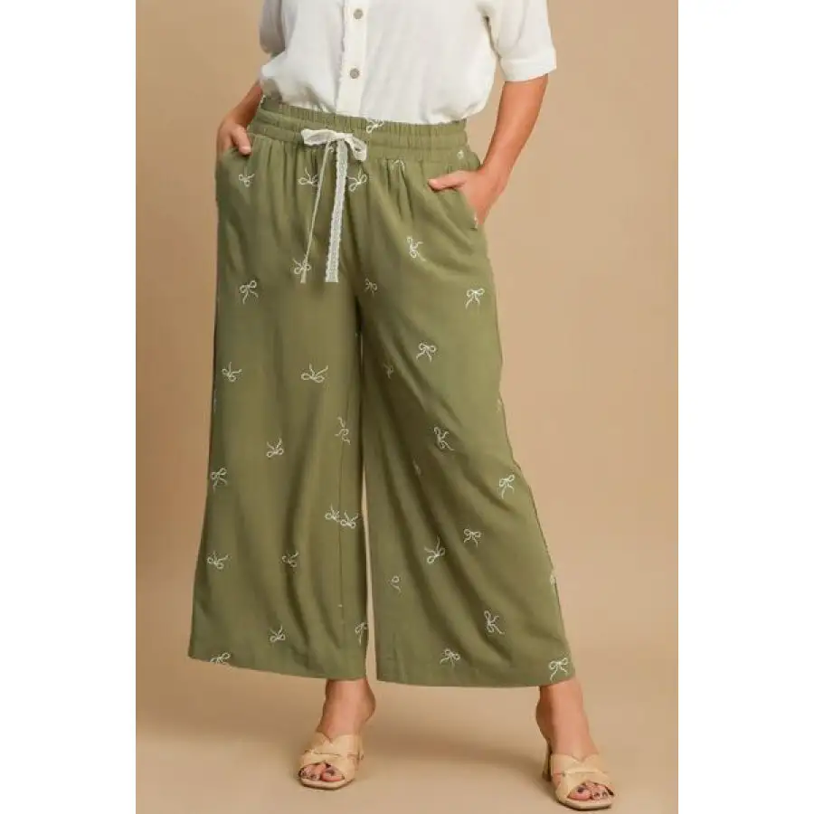 Classic Full Size Lace Drawstring Embroidered Bow Wide Leg Pants Plus Size