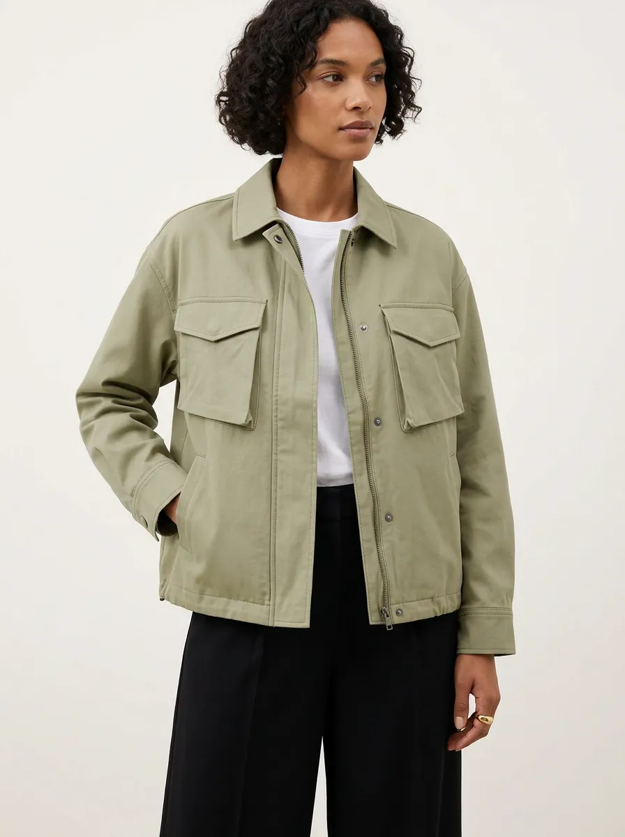 Women's Casual Utility Sage Green Pocketed Cotton Jacket