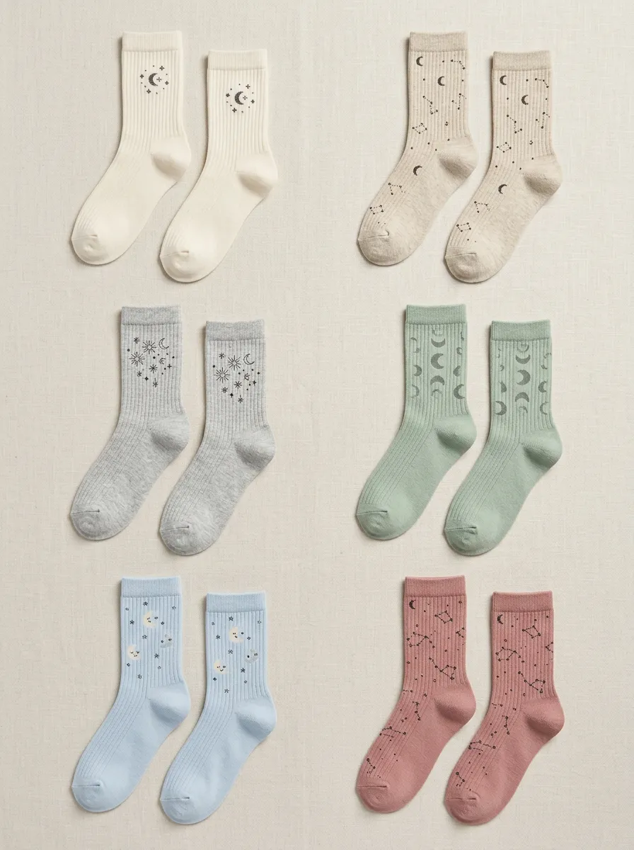 Women's Celestial Moon & Constellation Ribbed Crew Sock Set