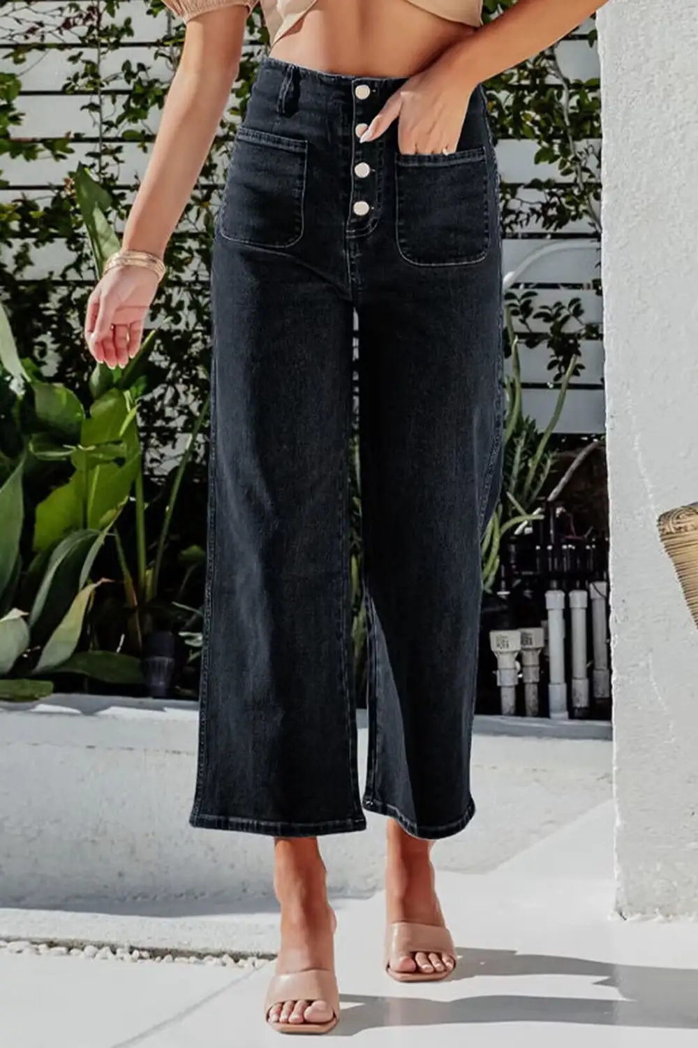 Soft Wide Leg Button Denim Jeans