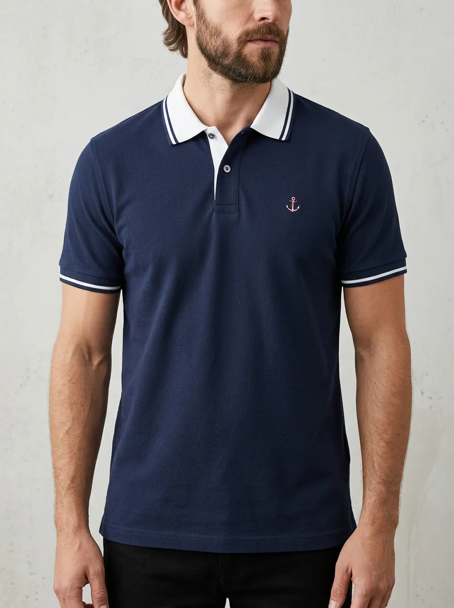 Men's Nautical Sailor Anchor Embroidered Navy Polo Shirt