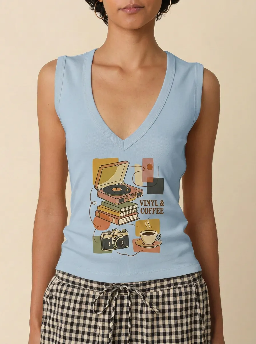 Women's Vinyl Coffee Camera Book Lover Printed Tank Top