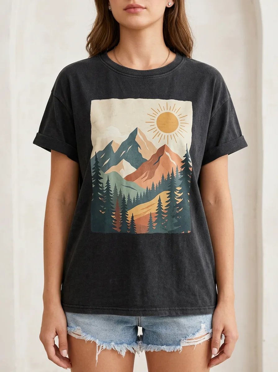 Women's Mountain Forest Sun Graphic T-Shirt
