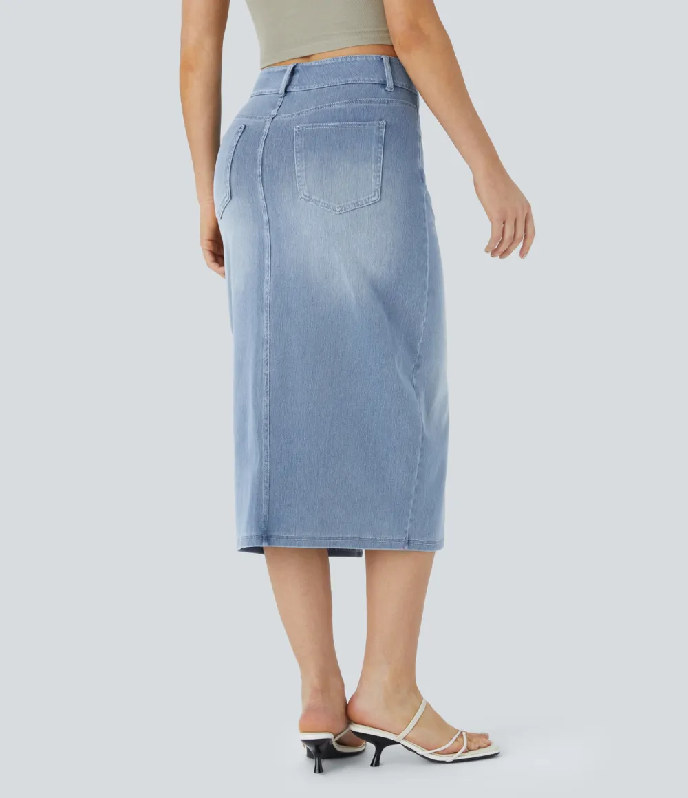 Magic High Waisted Multiple Pockets Bodycon Split Washed Stretchy Knit Denim Casual Midi Skirt