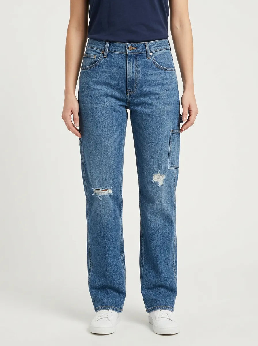 Women's Side Patch-Pocket Double-Knee Distressed Mid-Rise Straight-Leg Jeans