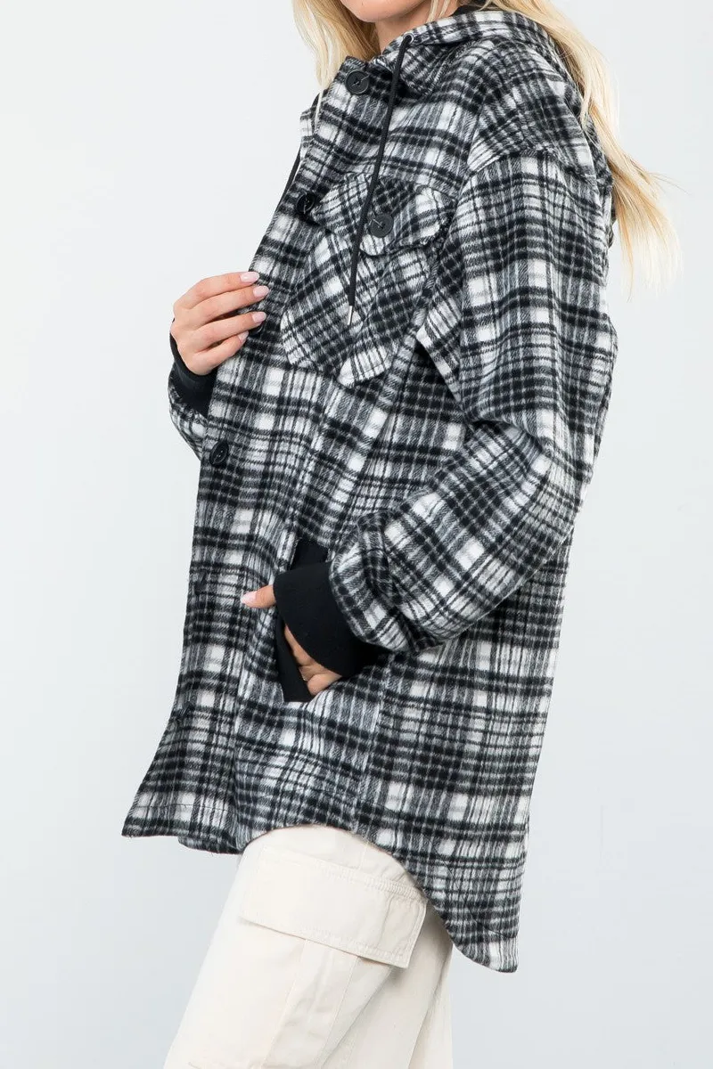 Plaid Print Wool Like Hoodie Shacket