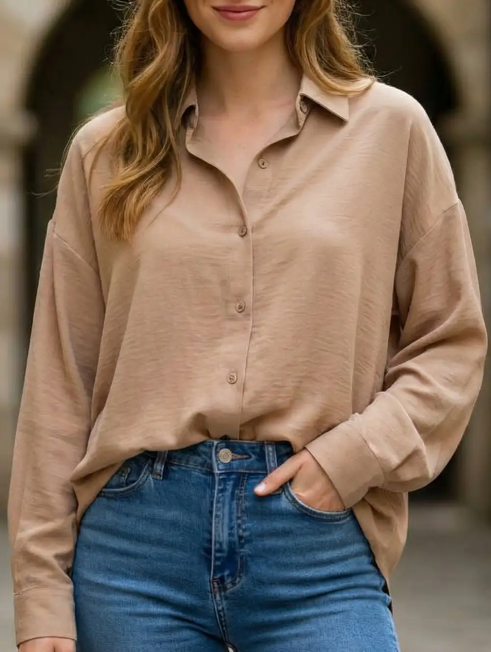 Soft Drape Collared Button-Down Shirt