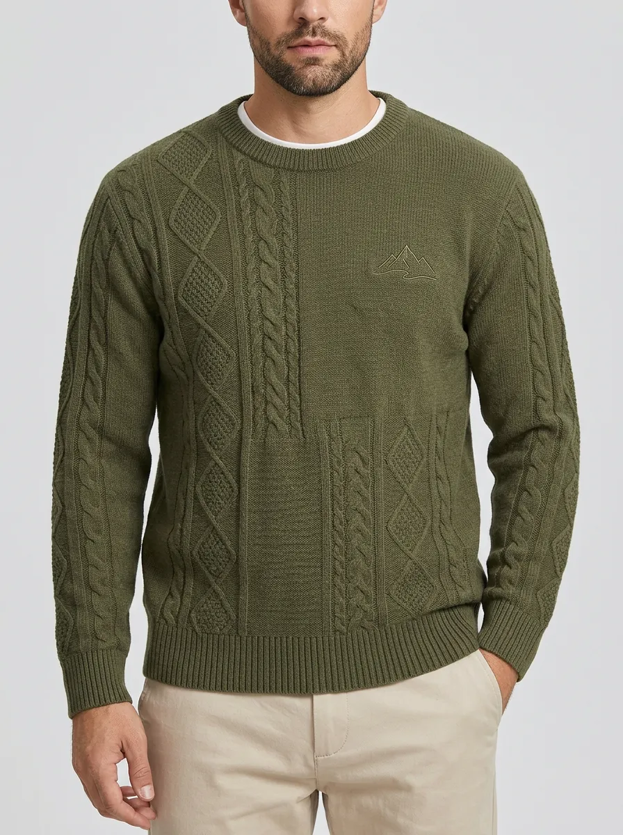 Men's Olive Green Crewneck Mountain Cable Knit Sweater
