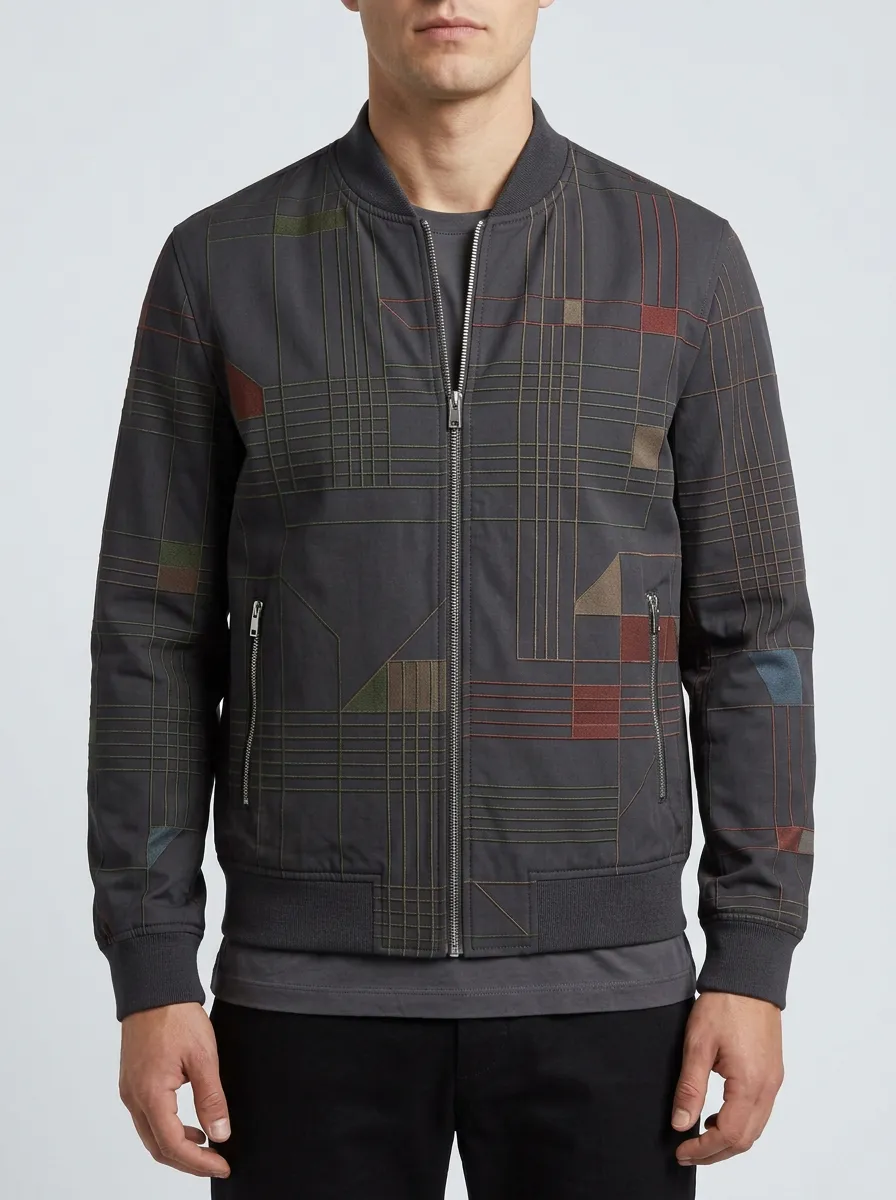 Men's Geometric Grid Pattern Printed Bomber Jacket Everyday Design