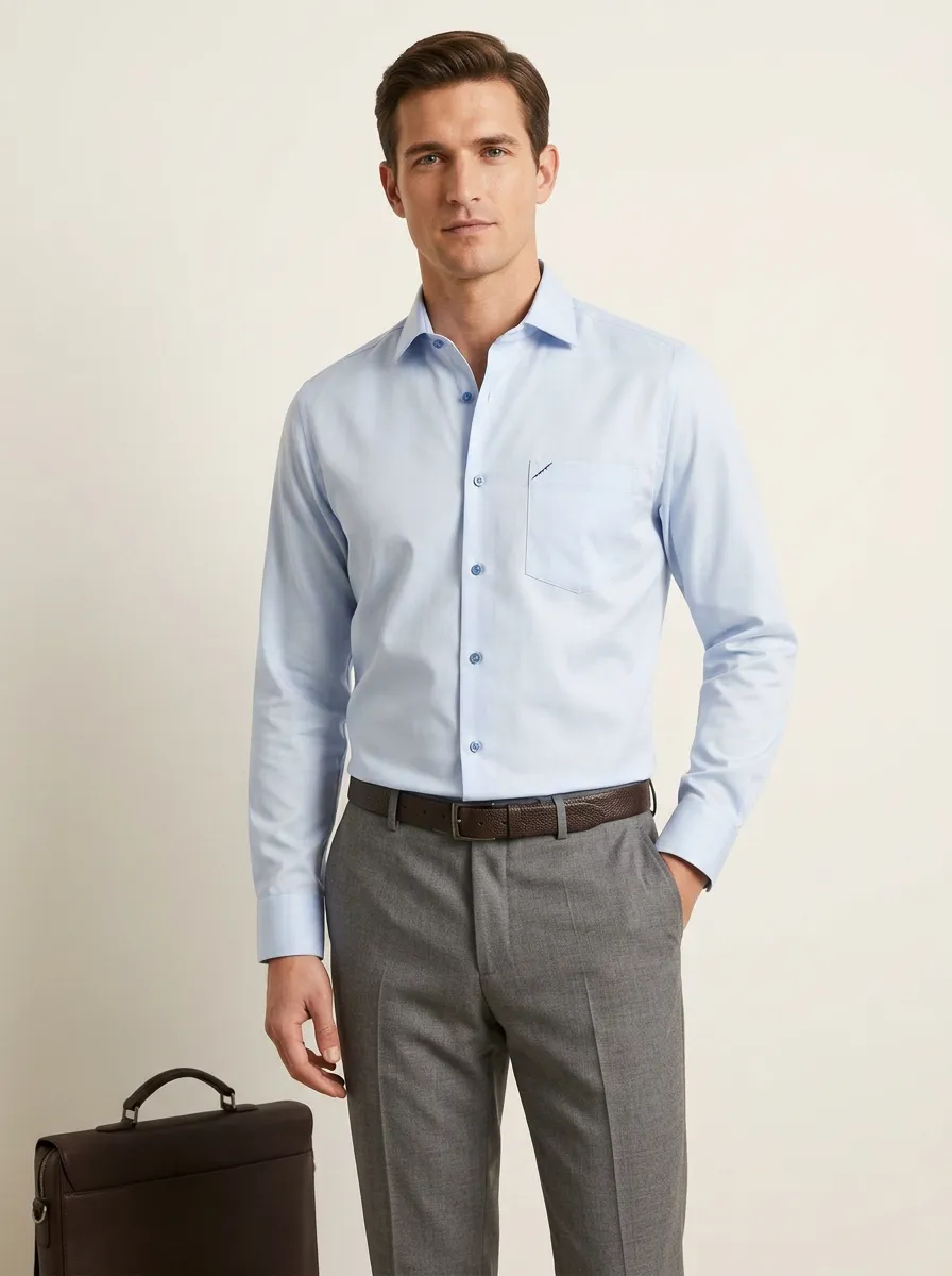 Men's Business Casual Non-Iron Cotton Light Blue Long Sleeve Shirt