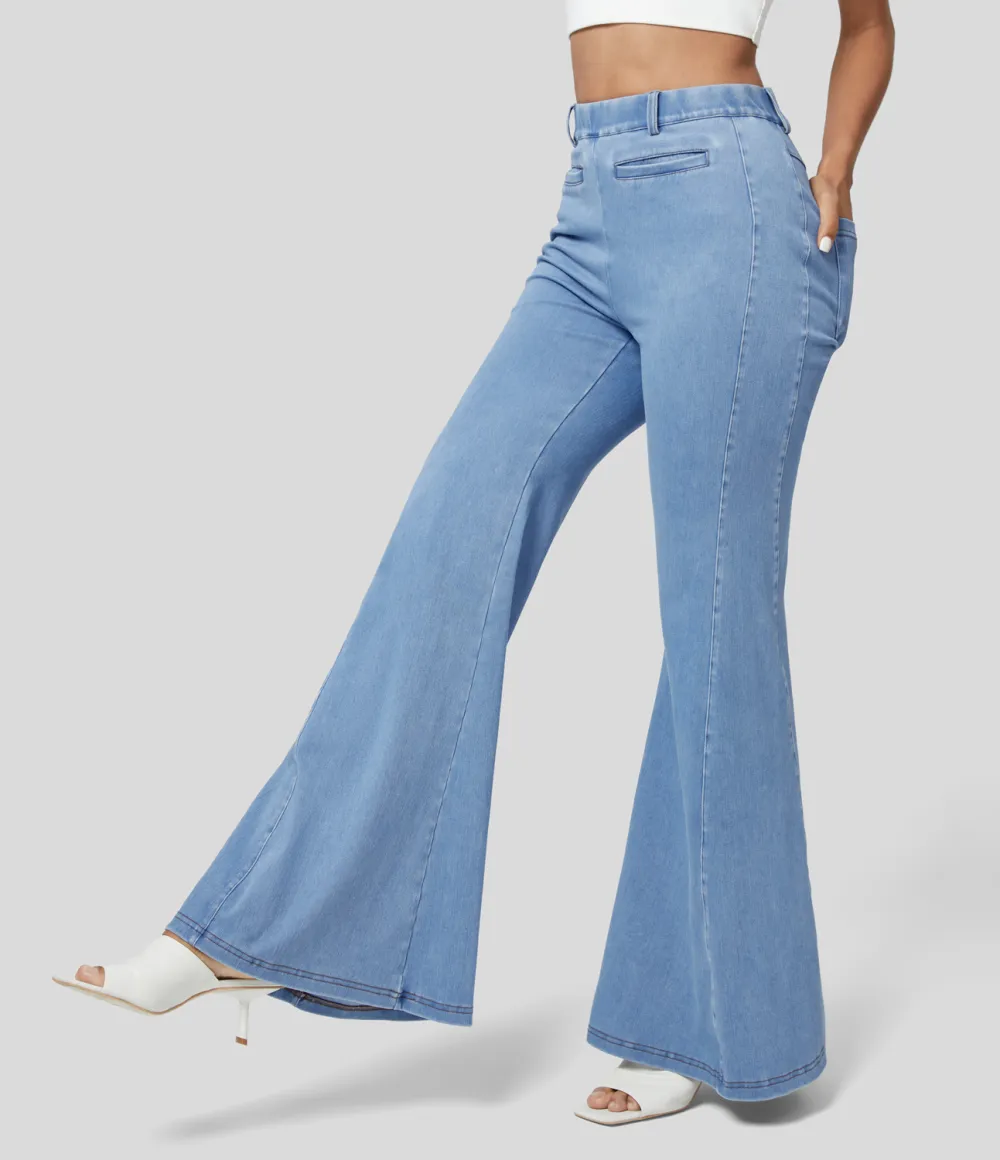 Magic High Waisted Multiple Pockets Washed Stretchy Knit Casual Super Flare Jeans