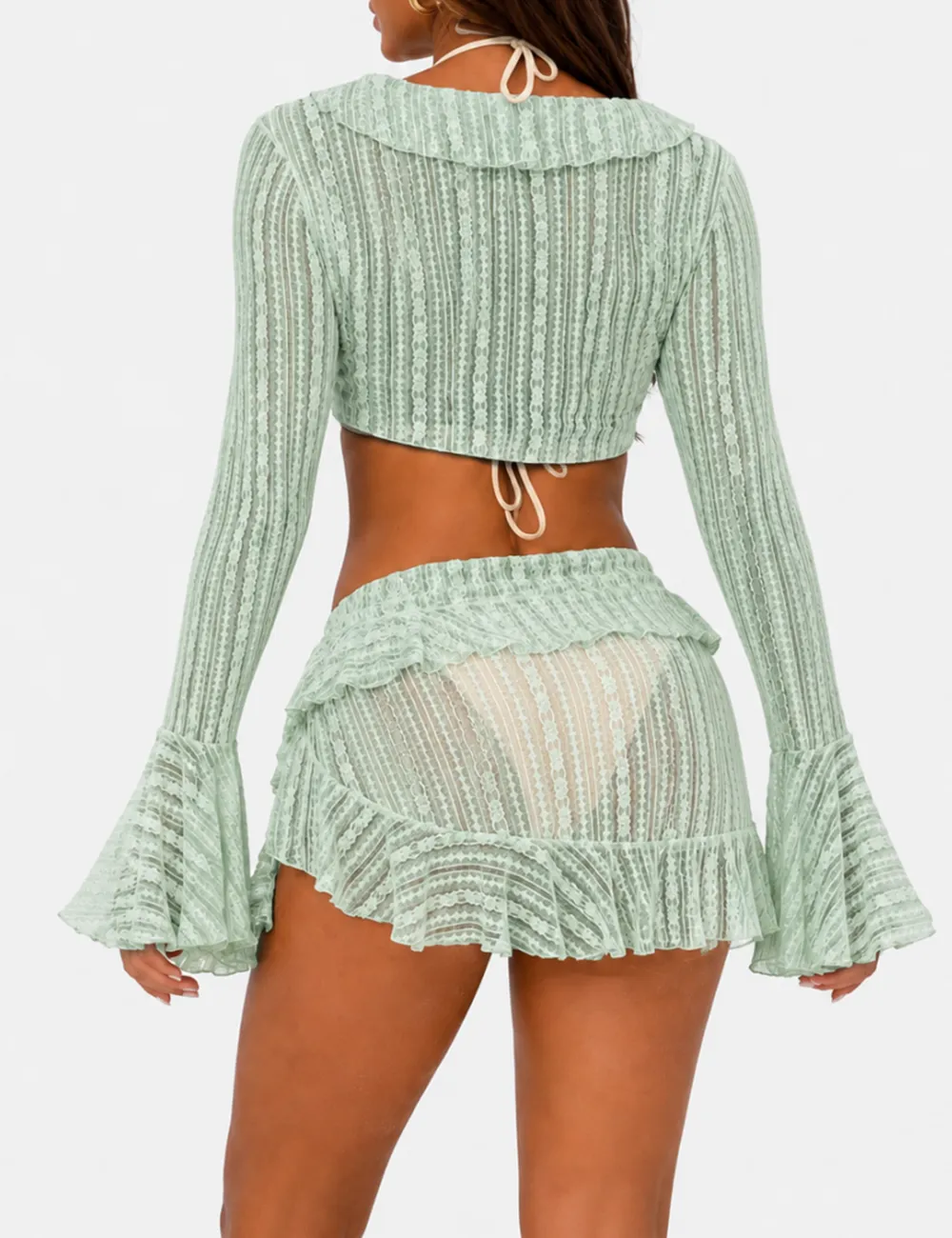 Solid Color Triangle Bikini Four Piece Set with Cover Up and Mini Skirt