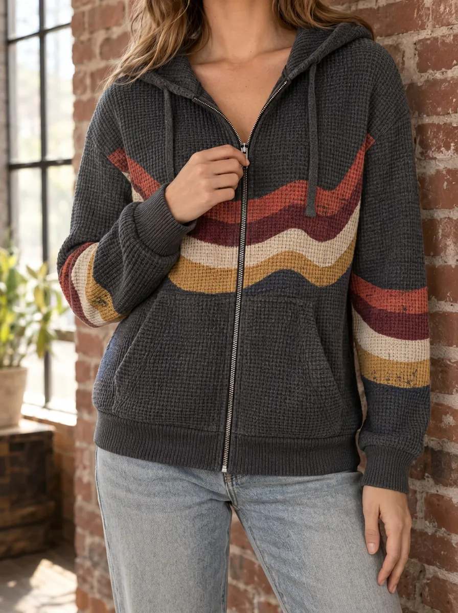 Women's Retro Stripe Waffle Knit Printed Zip Up Hoodie