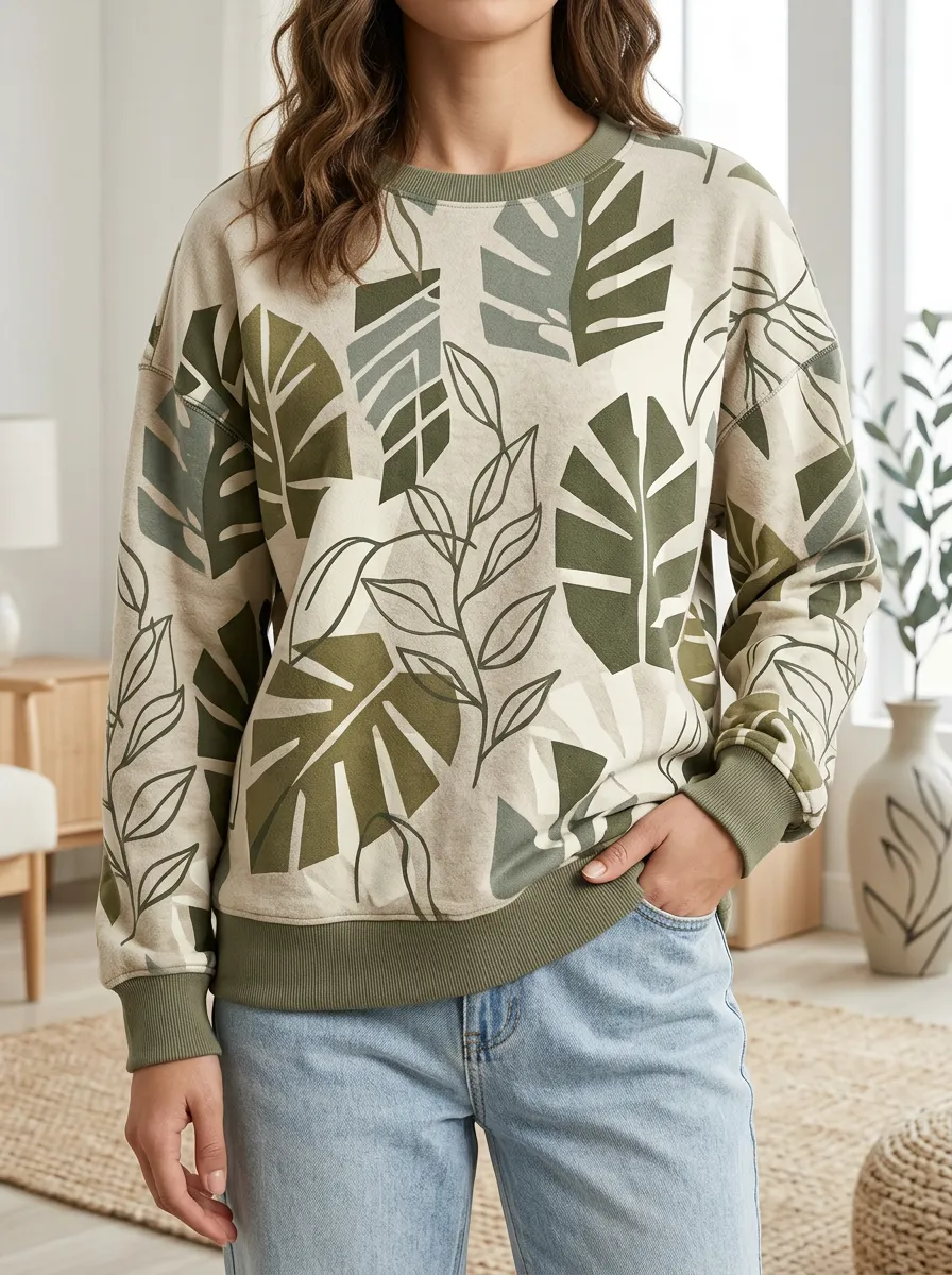 Women's Botanical Print Crewneck Sweatshirt Crew Neck Relaxed Fit