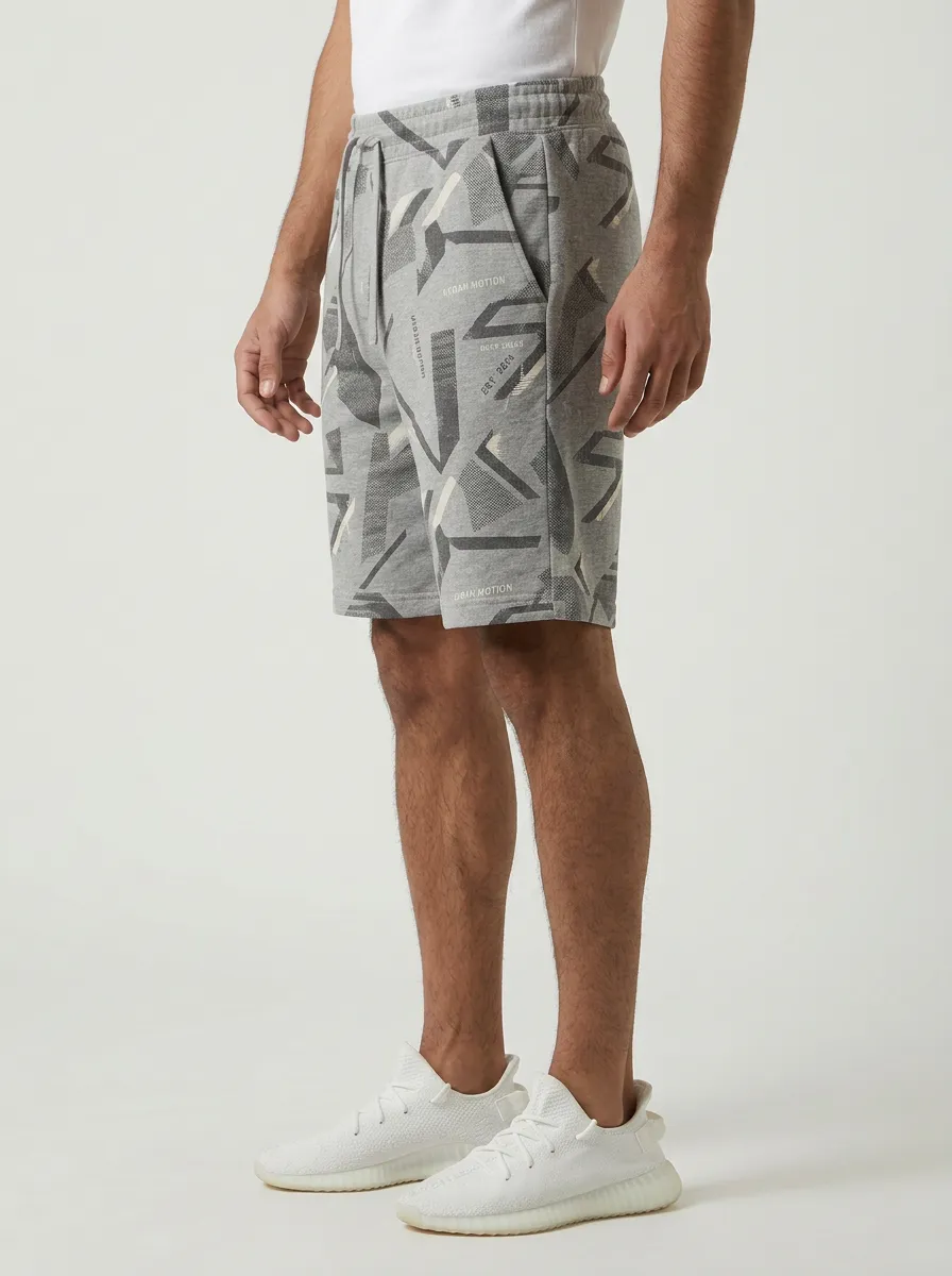 Men's Geometric Running Drawstring Relaxed-Fit Printed Sweat Shorts