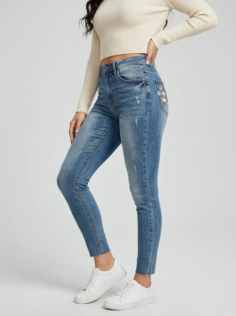 Women's Frontier Floral Embroidery Distressed Printed Slim Jeans