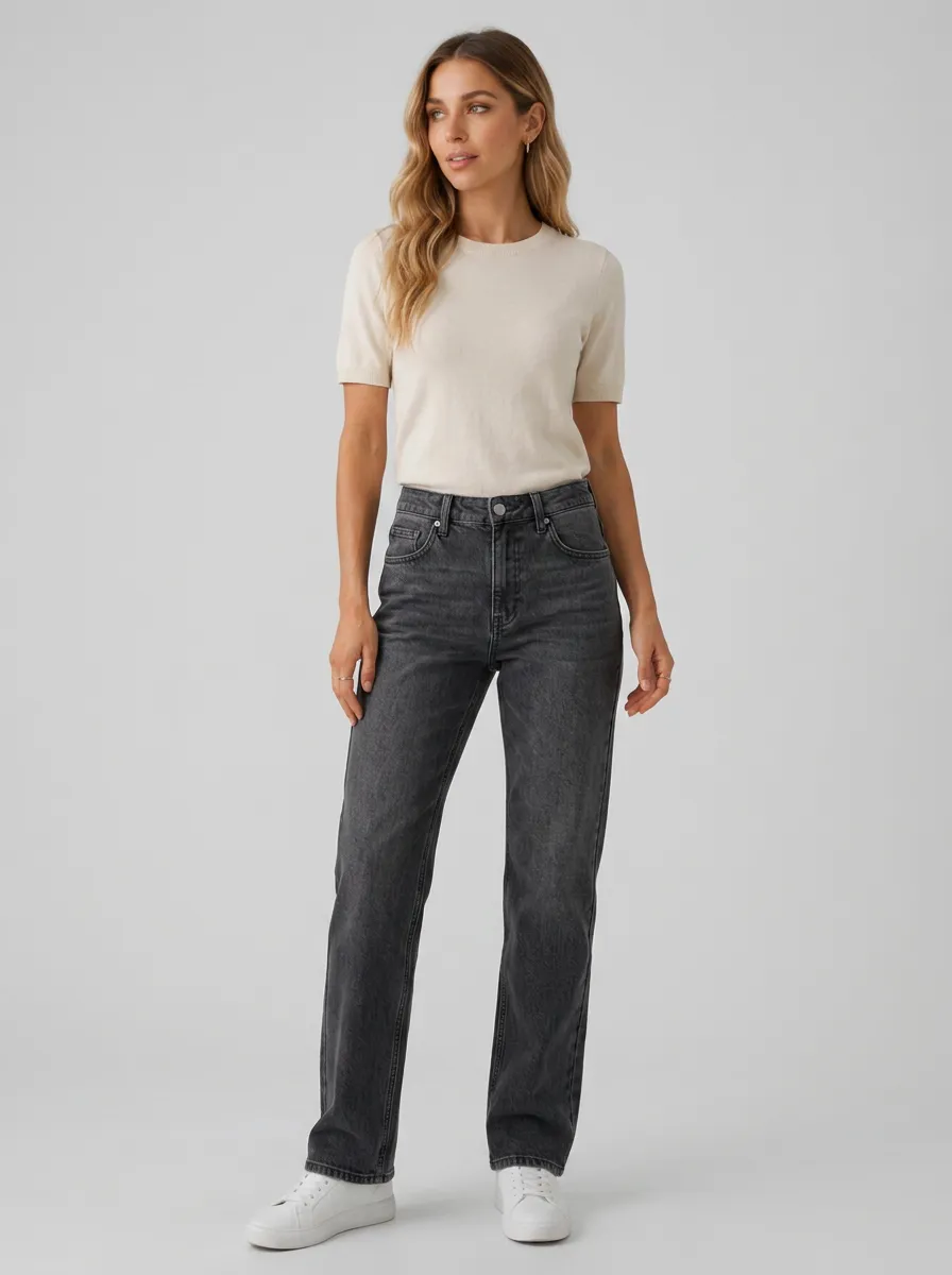 Women's Casual Fashion Washed Black Denim Straight Jeans