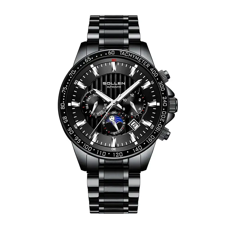Sollen SL608 Automatic Watch - Men's Multi-Function Moonphase Stainless Steel 5-Bead Bracelet Wristwatch