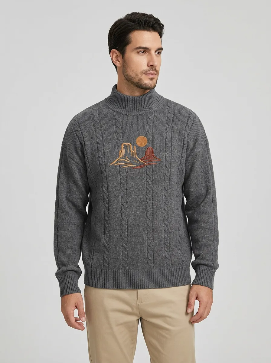 Men's Desert Landscape Embroidered Cable-Knit Mock-Neck Sweater