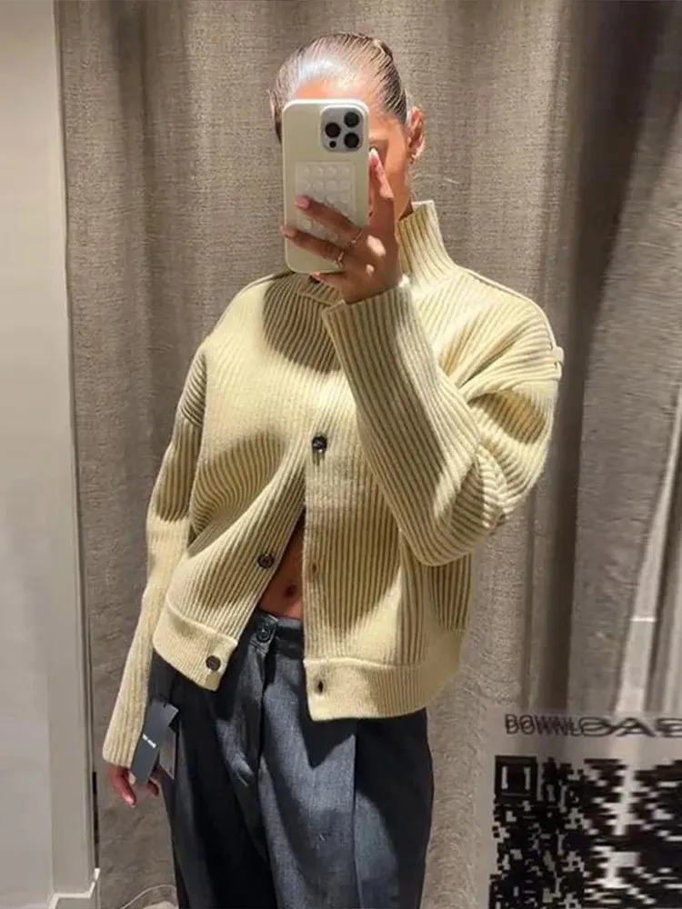 Stand-Collar Knitted Cardigan