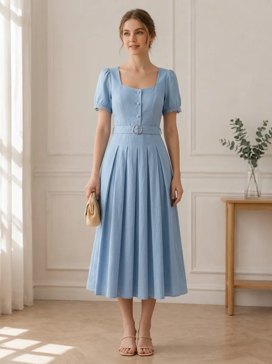 Women's Vintage Style Square Neck Pleated Belted Midi Dress