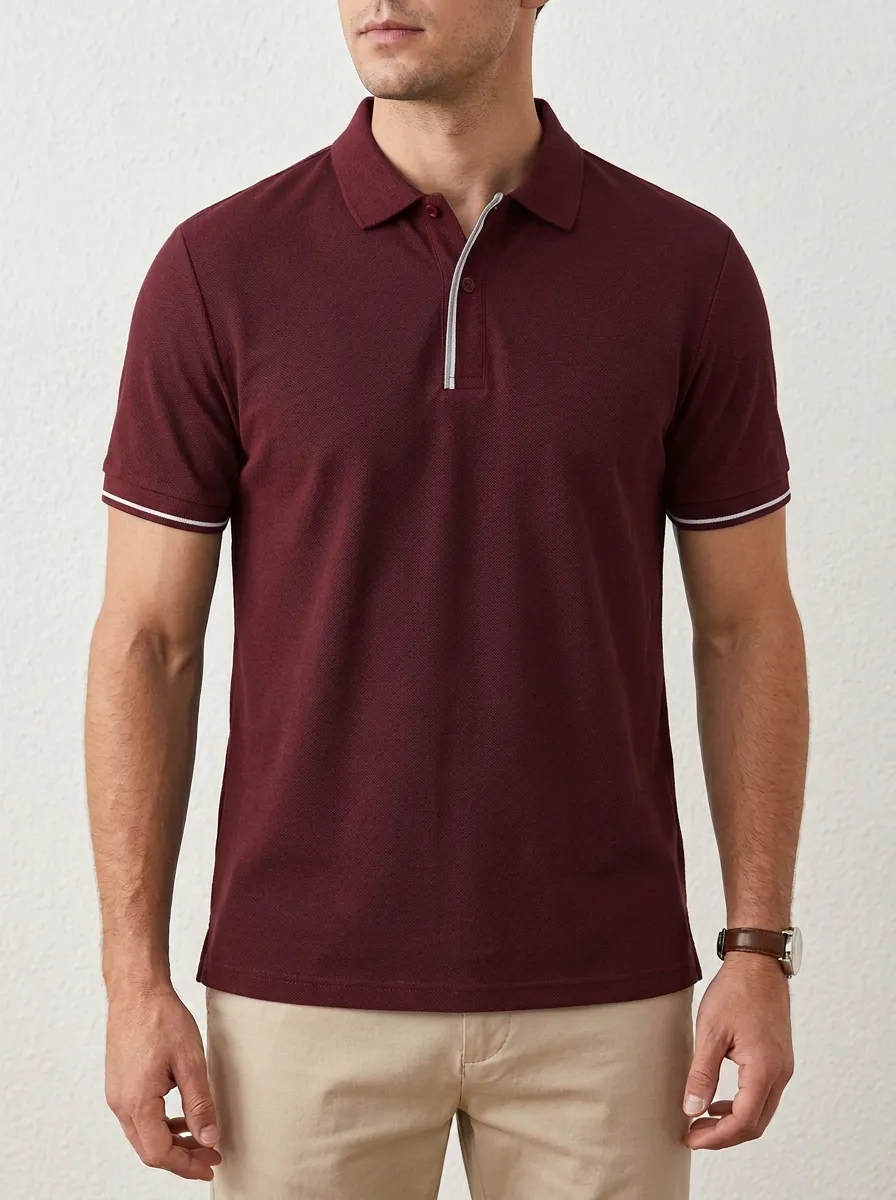 Men's Navy Blue Buttonless Tipped Pique Polo Shirt